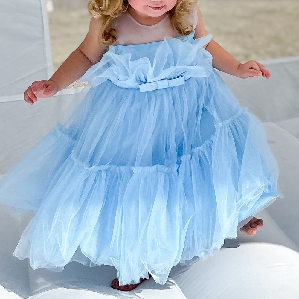 Baby blue toddler tulle dress with bow. Size 4T runs slightly big- worn 1X
